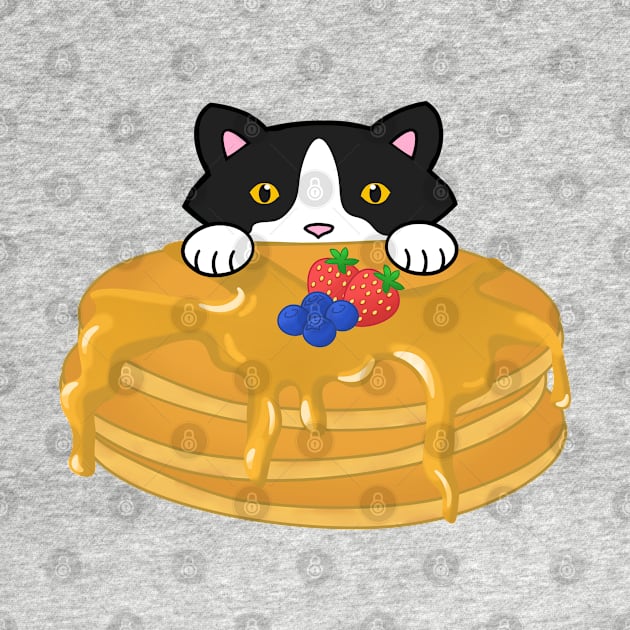 Cute Tuxedo Cat Eating Pancakes by Purrfect